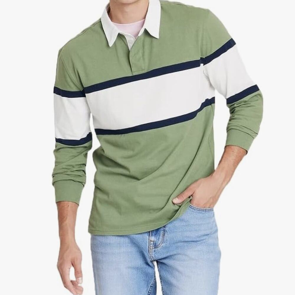 Goodfellow & Co. Men's M Long Sleeve Rugby Polo Shirt Green White Striped